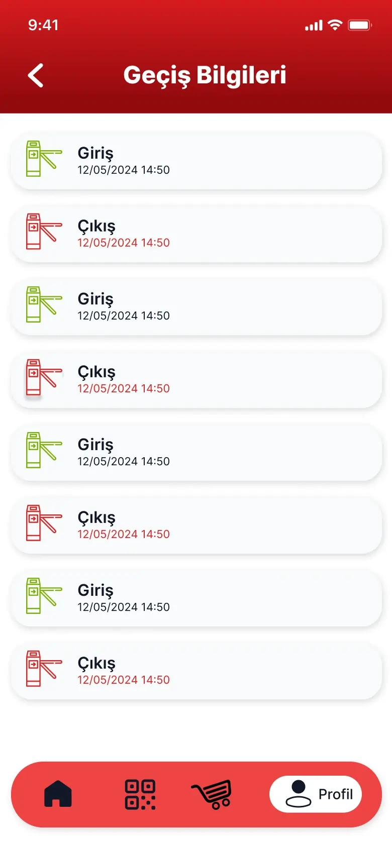 GymExxtra app screenshot - Turnstile access records